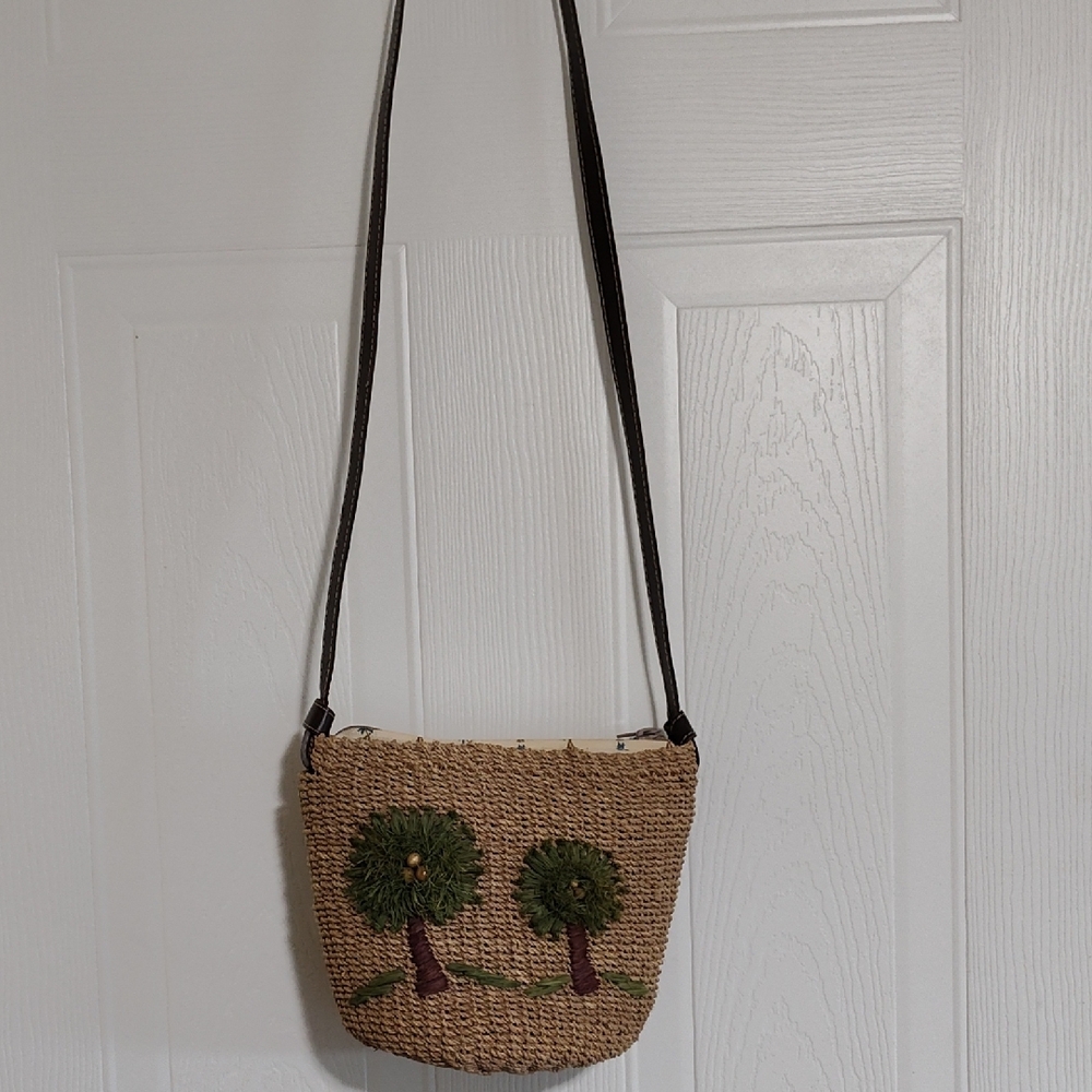 Woven Tan Crossbody Bag with Tree Design